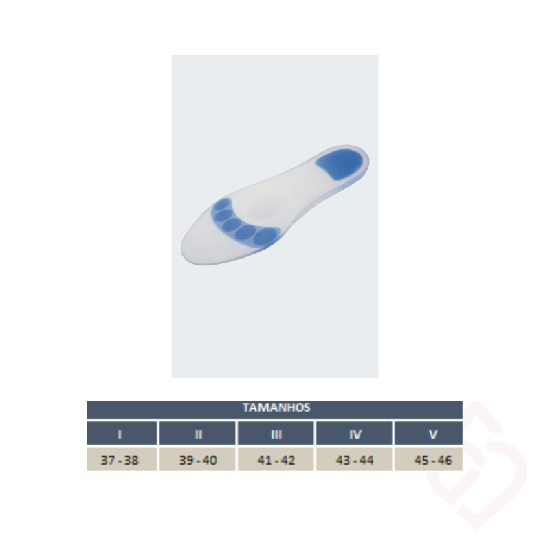 Guia de tamanhos da palmilha de silicone com zonas de amortecimento, disponível nos tamanhos I a V, correspondentes às numerações 37–38, 39–40, 41–42, 43–44 e 45–46.