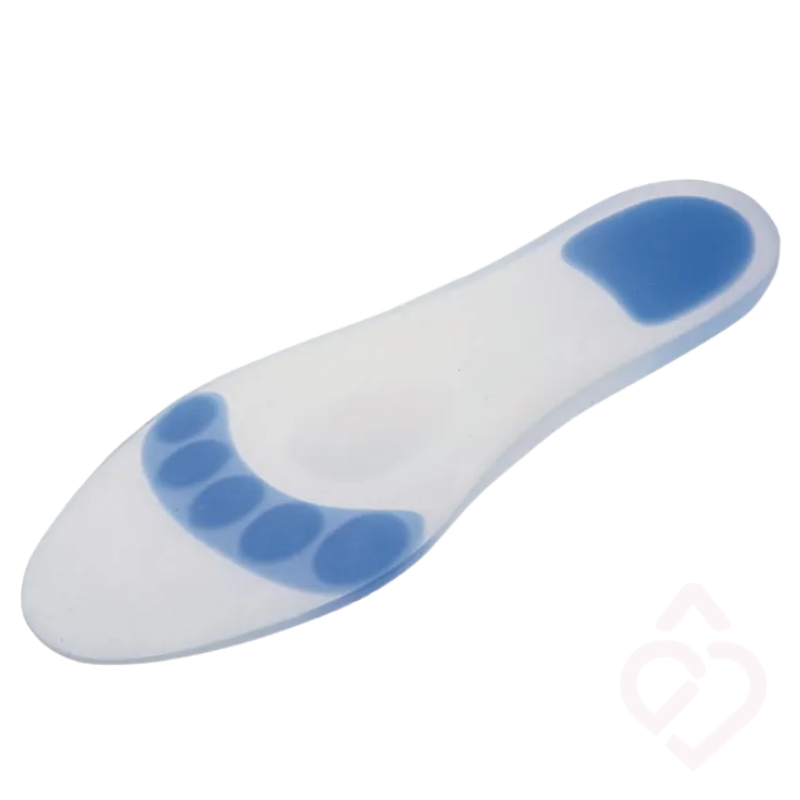 Palmilha em silicone com zonas de amortecimento no calcanhar e na zona anterior do pé, concebida para proporcionar maior conforto, absorção de impactos e alívio da pressão durante a marcha.