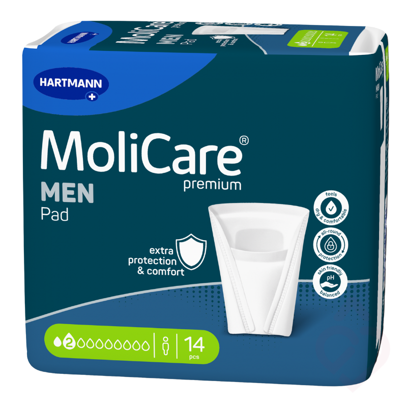 Pensos masculinos MoliCare Premium MEN Pad 2 Gotas da HARTMANN para perdas urinárias ligeiras, proporcionando proteção discreta, conforto e segurança no dia a dia.