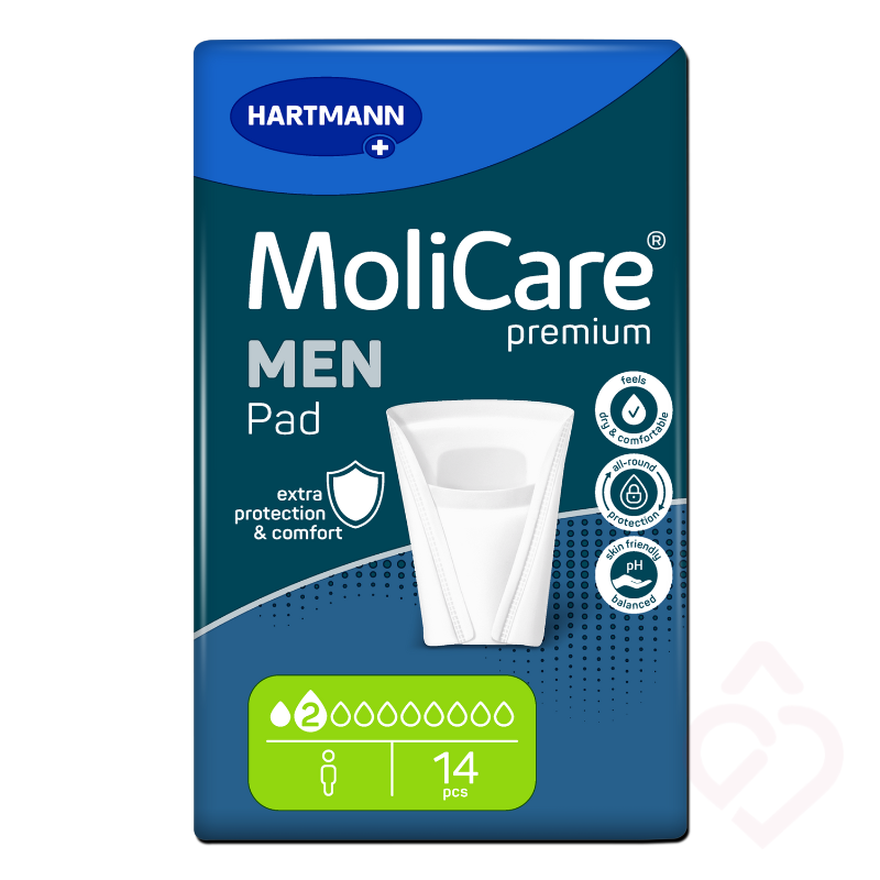 Pensos masculinos MoliCare Premium MEN Pad 2 Gotas da HARTMANN para perdas urinárias ligeiras, proporcionando proteção discreta, conforto e segurança no dia a dia.