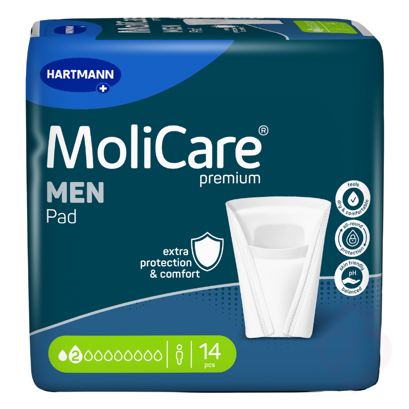 Pensos masculinos MoliCare Premium MEN Pad 2 Gotas da HARTMANN para perdas urinárias ligeiras, proporcionando proteção discreta, conforto e segurança no dia a dia.