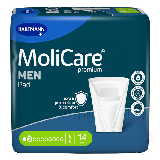 Pensos masculinos MoliCare Premium MEN Pad 2 Gotas da HARTMANN para perdas urinárias ligeiras, proporcionando proteção discreta, conforto e segurança no dia a dia.
