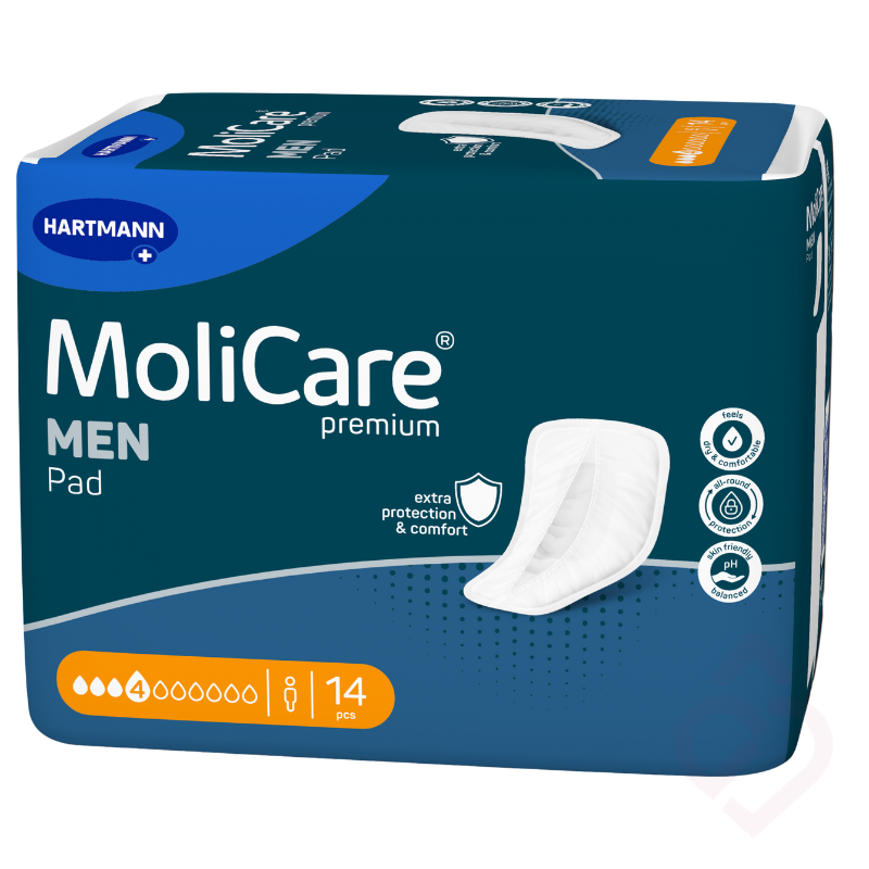 Pensos masculinos MoliCare Premium MEN Pad 4 gotas da HARTMANN, para perdas urinárias, com formato anatómico que proporciona absorção, conforto e discrição.
