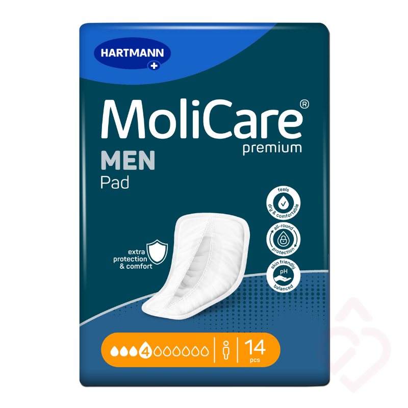 Pensos masculinos MoliCare Premium MEN Pad 4 gotas da HARTMANN, para perdas urinárias, com formato anatómico que proporciona absorção, conforto e discrição.