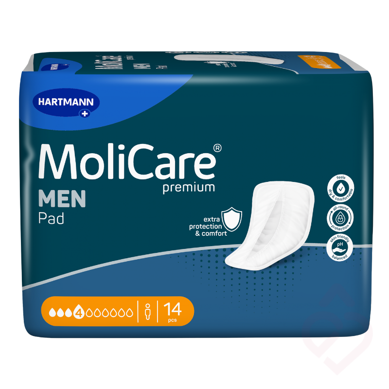 Pensos masculinos MoliCare Premium MEN Pad 4 gotas da HARTMANN, para perdas urinárias, com formato anatómico que proporciona absorção, conforto e discrição.