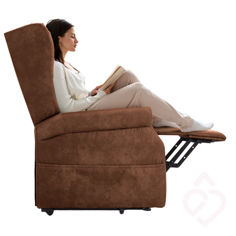 Poltrona relax elétrica com apoio de pernas extensível, proporcionando uma posição confortável para descansar, ler ou relaxar, com maior apoio para as pernas e pés.