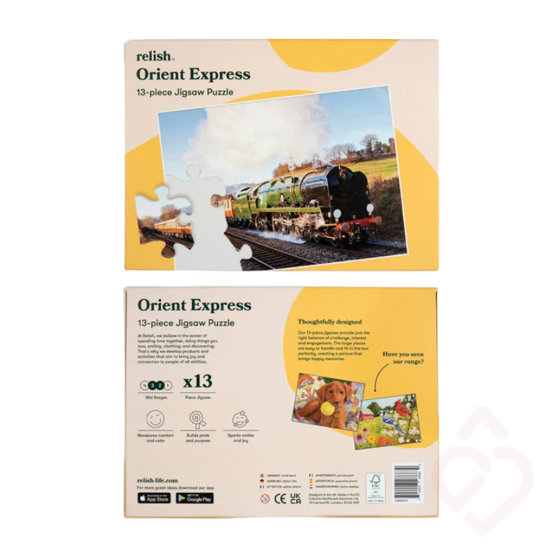 Embalagem do puzzle Relish Orient Express de 13 peças, desenvolvido para estimular a memória, a atenção e a coordenação, ajudando a manter o cérebro ativo. As peças grandes facilitam o manuseamento. Adequado para pessoas idosas e também para pessoas com Alzheimer ou outras formas de demência.