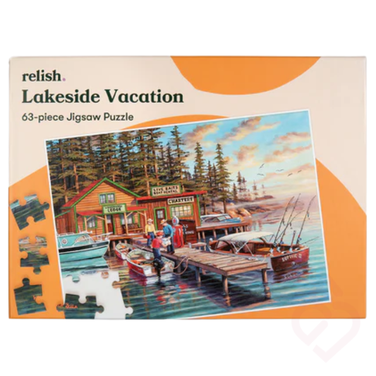 Puzzle Relish Lakeside Vacation de 63 peças, com imagem de férias junto a um lago. Desenvolvido para estimular a memória, a atenção e a concentração, ajudando a manter o cérebro ativo. Adequado para pessoas idosas e também para pessoas com Alzheimer ou outras formas de demência.