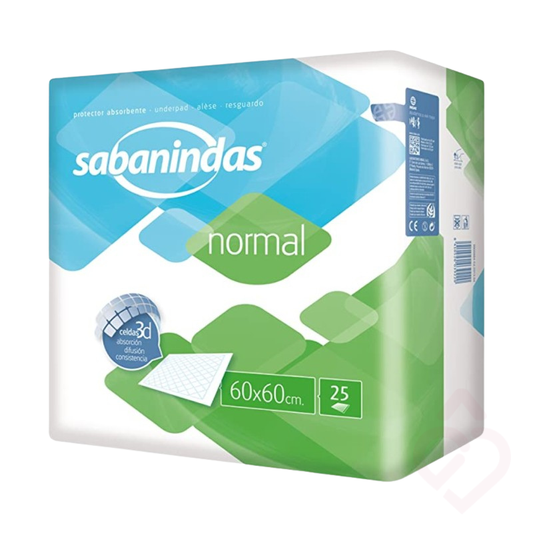 Resguardos descartáveis absorventes Sabanindas Normal 60 x 60 cm, embalagem de 25 unidades.