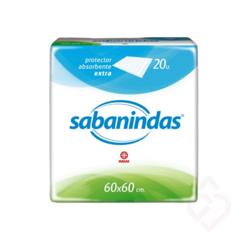 Resguardos descartáveis absorventes Sabanindas Normal 60 x 60 cm, embalagem de 25 unidades.