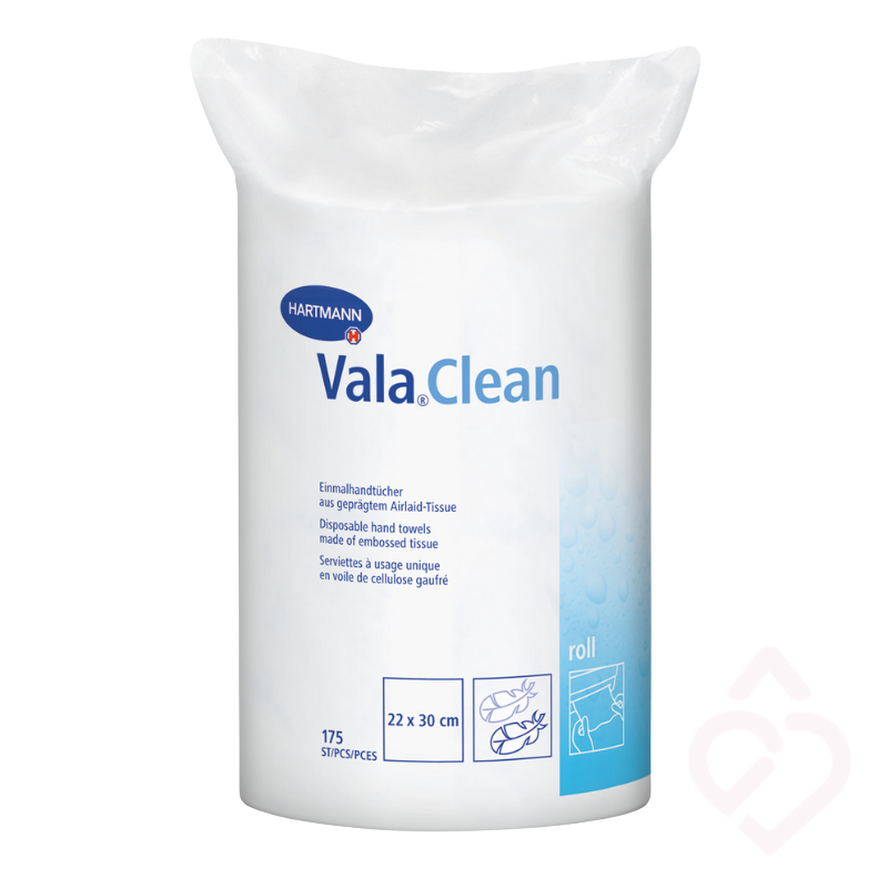 Rolo de toalhas descartáveis Vala Clean da Hartmann, embalado, com folhas de 22 × 30 cm.