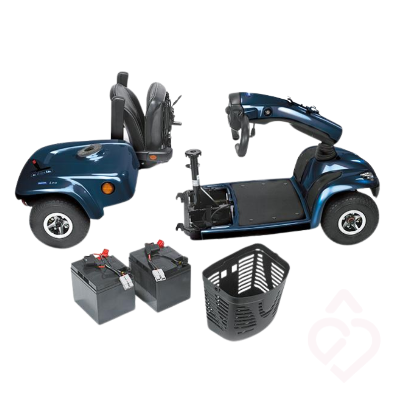 Scooter elétrico Invacare Leo desmontado, com assento, base, baterias e cesto dianteiro separados.