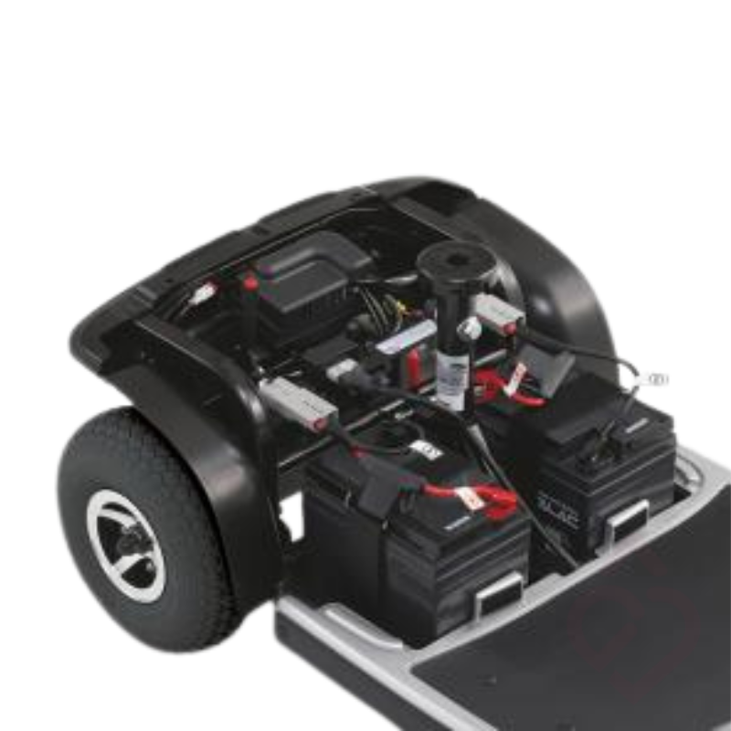 Detalhe do compartimento das baterias do scooter elétrico Invacare Leo.