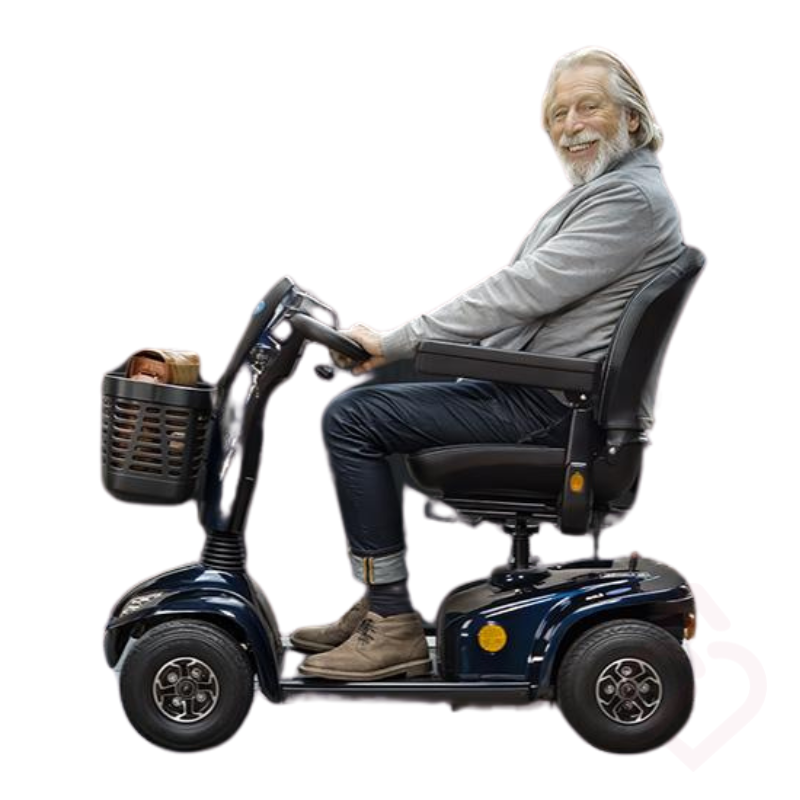 Homem sentado e a conduzir o scooter elétrico Invacare Leo, com cesto dianteiro.