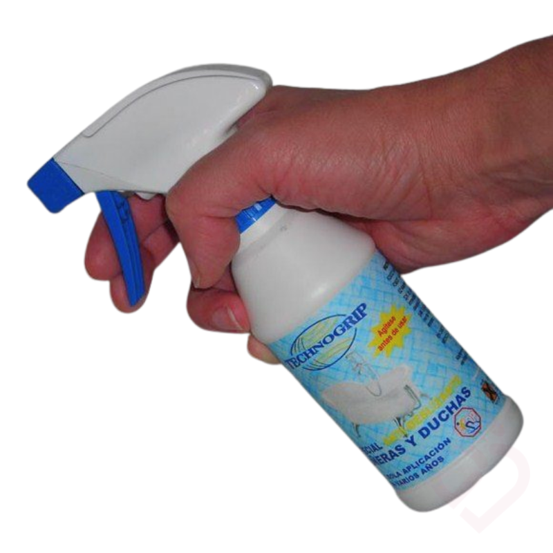 Spray antideslizante Technogrip com aplicação prática por pulverização, permitindo tratar facilmente superfícies de banheiras e duches para uma utilização mais segura.