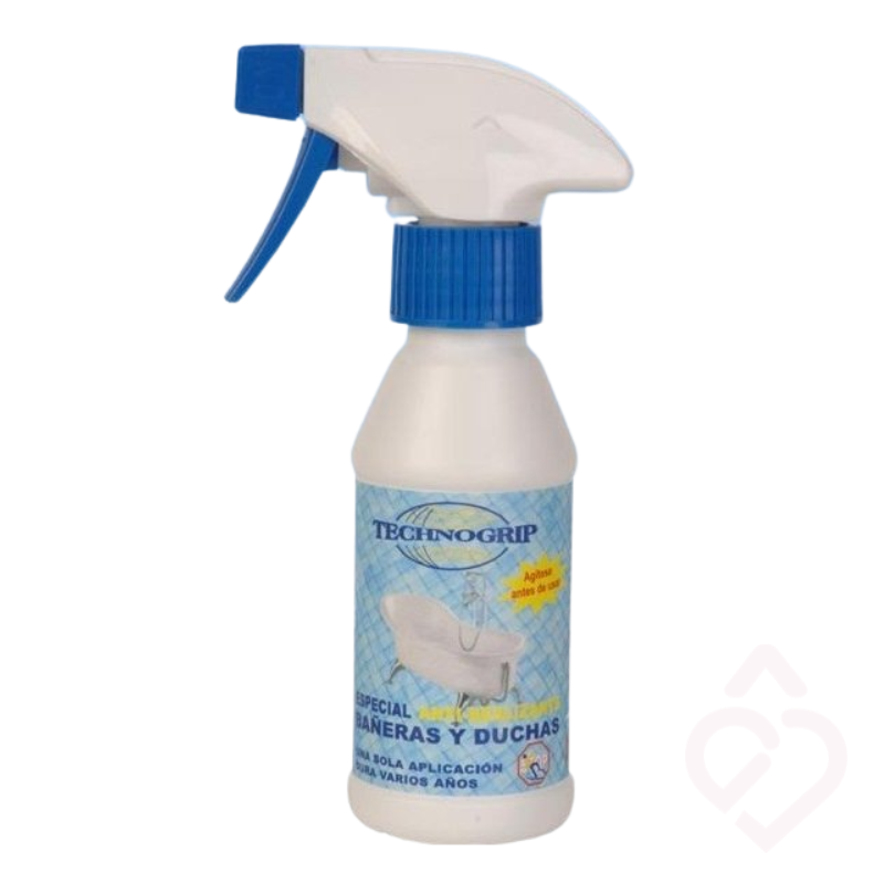 Spray antideslizante para banheiras e duches Technogrip, desenvolvido para aumentar a aderência das superfícies e proporcionar maior segurança durante o banho, ajudando a reduzir o risco de escorregões.