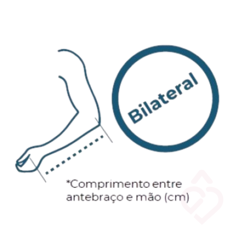 Esquema de medição para escolher o tamanho adequado do suporte de braço, indicando a medição do comprimento entre o antebraço e a mão. Modelo bilateral, adequado para utilização no braço direito ou esquerdo.