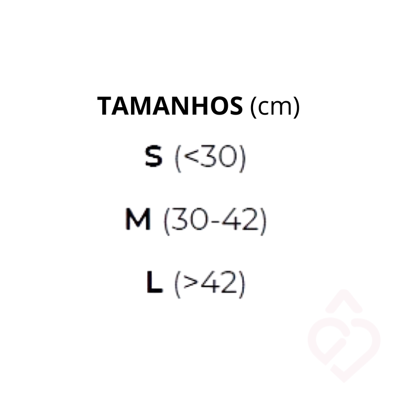 Guia de tamanhos do suporte de braço: tamanho S para medidas inferiores a 30 cm, M para 30 a 42 cm e L para medidas superiores a 42 cm.
