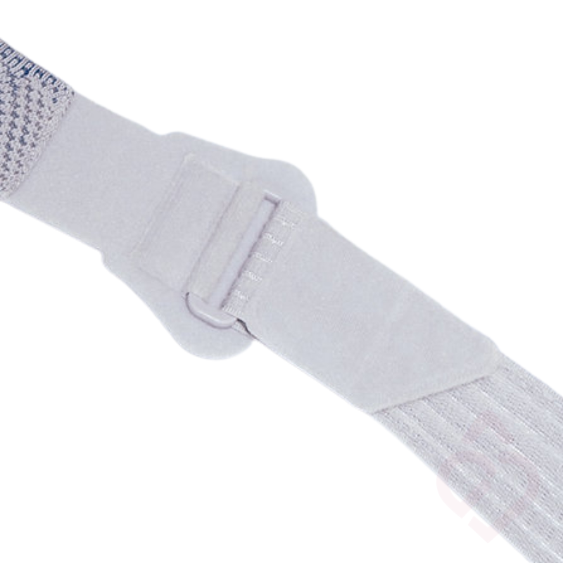 Sistema de ajuste do suporte de ombro Bauerfeind OmoTrain, com faixa regulável para adaptar o suporte ao corpo. Permite um ajuste seguro e confortável, ajudando a estabilizar o ombro durante os movimentos.