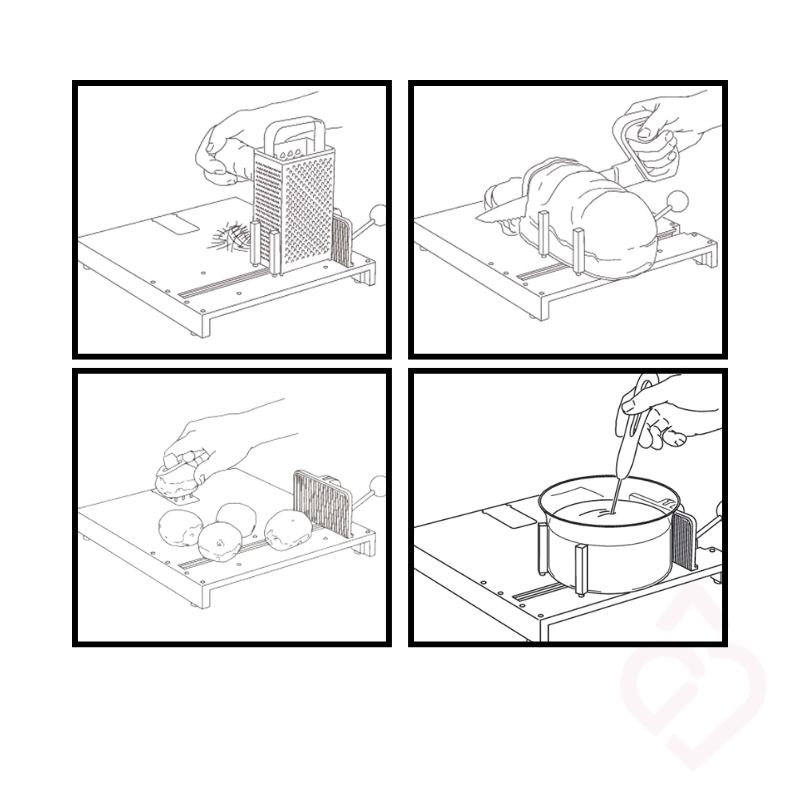 Ilustrações da tábua para preparação de alimentos, mostrando diferentes utilizações para ralar, cortar, descascar e misturar alimentos com maior facilidade e autonomia.