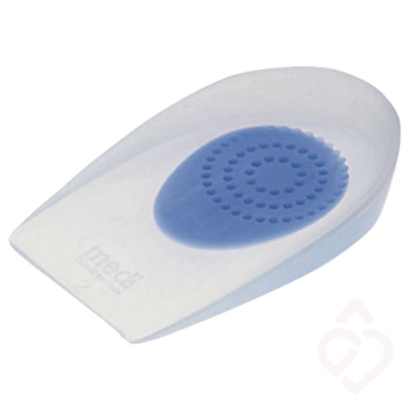 Talonete em silicone com zona central de amortecimento, concebido para aliviar a pressão no calcanhar e proporcionar maior conforto em casos de esporão do calcâneo.