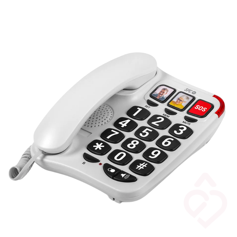Telefone fixo SPC COMFORT NUMBERS 2, com teclas e números extragrandes, memórias diretas com fotografia e botão SOS, concebido para facilitar as chamadas e proporcionar maior segurança e autonomia, especialmente a pessoas idosas ou com dificuldades de visão e audição.