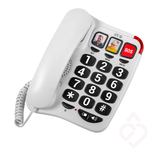 Telefone fixo SPC COMFORT NUMBERS 2, com teclas e números extragrandes, memórias diretas com fotografia e botão SOS, concebido para facilitar as chamadas e proporcionar maior segurança e autonomia, especialmente a pessoas idosas ou com dificuldades de visão e audição.