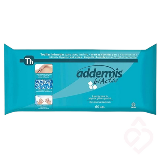 Embalagem de 60 toalhetes húmidos Adermis Biactiv, indicados para a higiene íntima e corporal, especialmente da zona glúteo-genital, ajudando a limpar e cuidar da pele delicada.