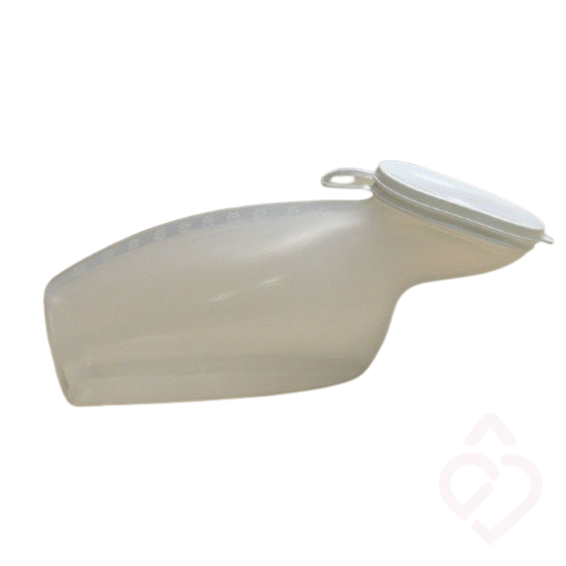 Urinol feminino portátil com tampa, concebido para facilitar a micção de forma cómoda e prática, especialmente indicado para mulheres com mobilidade reduzida ou dificuldade em deslocar-se à casa de banho.