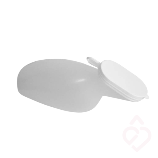 Urinol feminino portátil com tampa, concebido para facilitar a micção de forma cómoda e prática, especialmente indicado para mulheres com mobilidade reduzida ou dificuldade em deslocar-se à casa de banho.