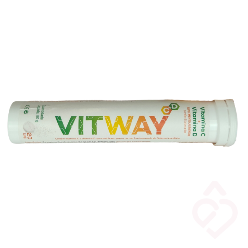 Suplemento Vitway em comprimidos efervescentes, com vitamina C e vitamina D. Desenvolvido para complementar o aporte diário destas vitaminas, contribuindo para o normal funcionamento do sistema imunitário. Embalagem com 20 comprimidos.