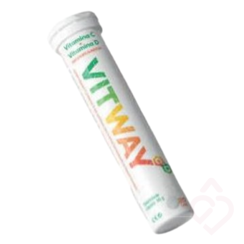 Suplemento Vitway em comprimidos efervescentes, com vitamina C e vitamina D. Desenvolvido para complementar o aporte diário destas vitaminas, contribuindo para o normal funcionamento do sistema imunitário. Embalagem com 20 comprimidos.