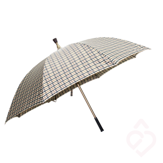 Bengala com chapéu de chuva padrão xadrez claro para apoio na marcha e proteção da chuva