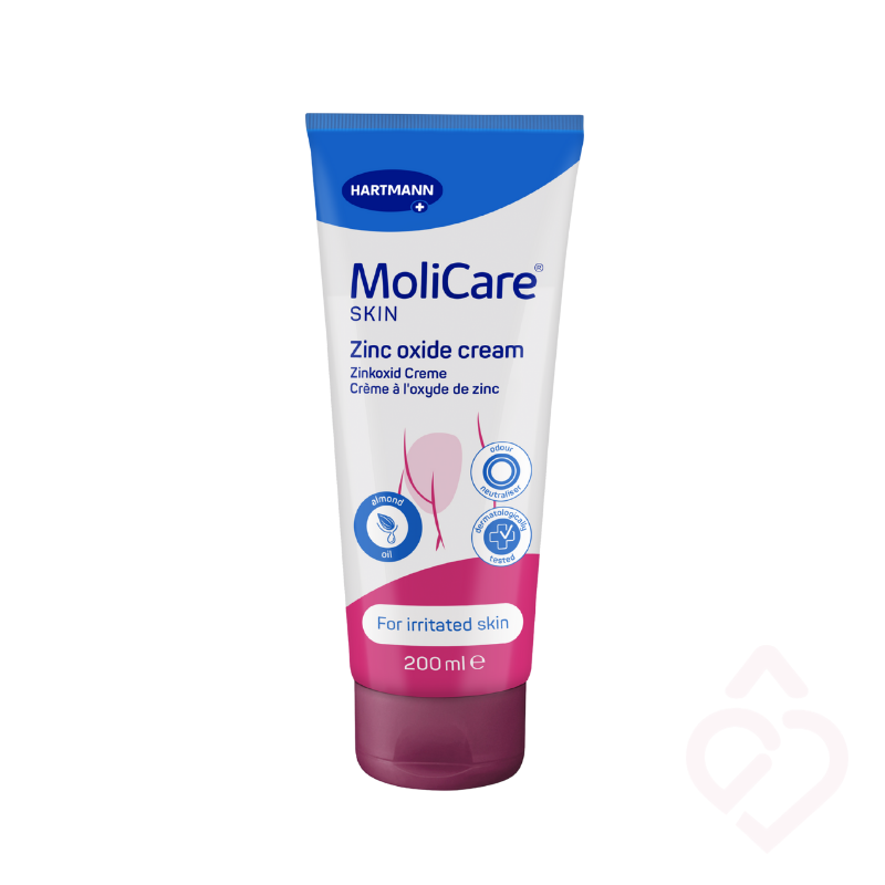 MoliCare Skin Creme de Óxido de Zinco 200 ml, indicado para proteger e cuidar da pele irritada, ajudando a reforçar a barreira cutânea.