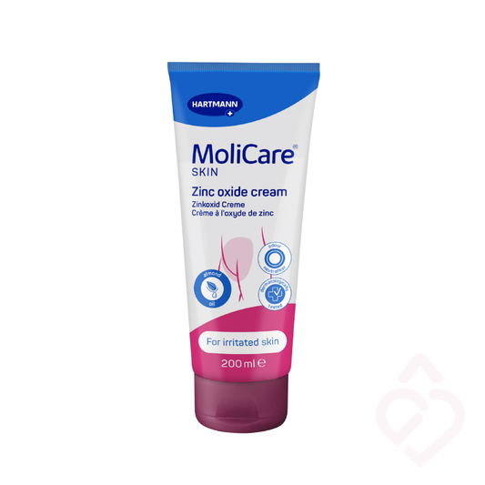 MoliCare Skin Creme de Óxido de Zinco 200 ml, indicado para proteger e cuidar da pele irritada, ajudando a reforçar a barreira cutânea.