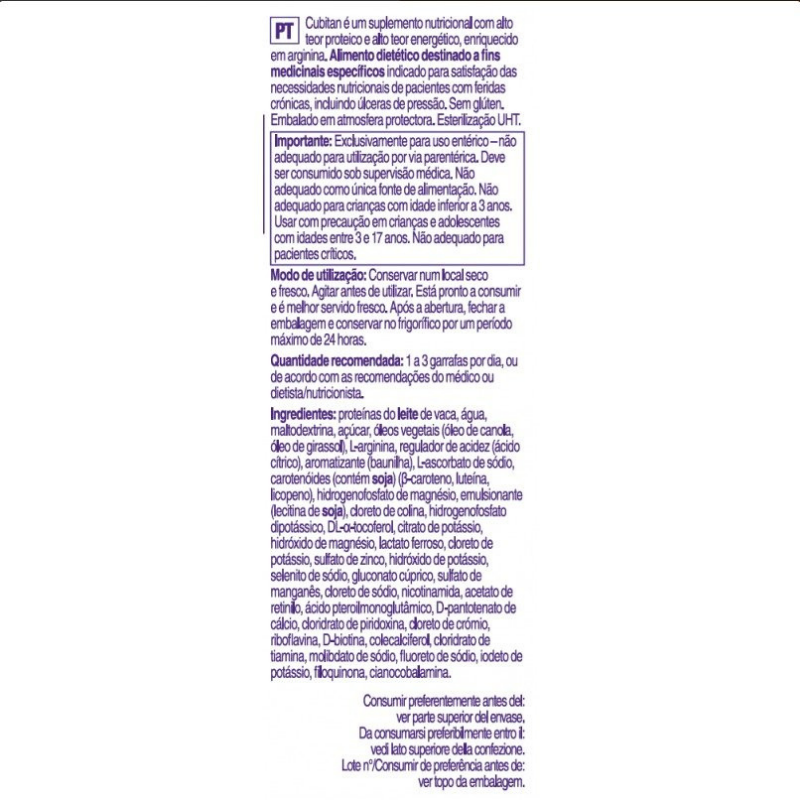 Composição e ingredientes do Cubitan baunilha