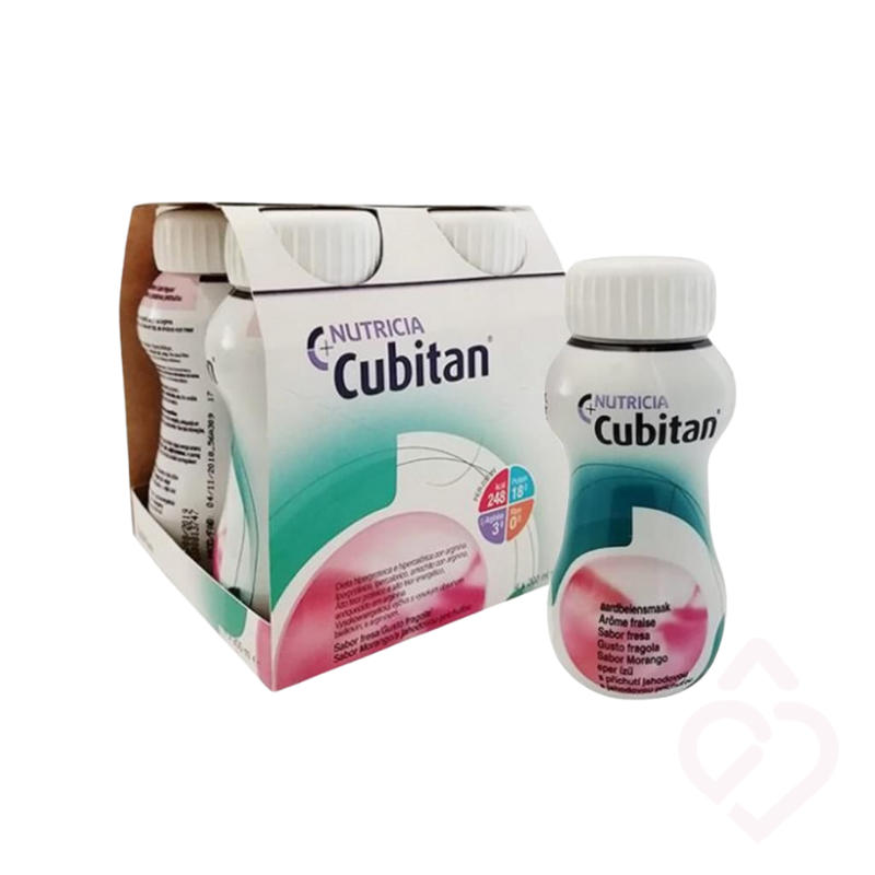 Embalagem do Cubitan sabor morango, suplemento nutricional oral hiperproteico e hipercalórico para apoio nutricional