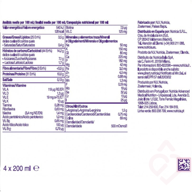 Informação nutricional do suplemento nutricional oral Cubitan sabor morango