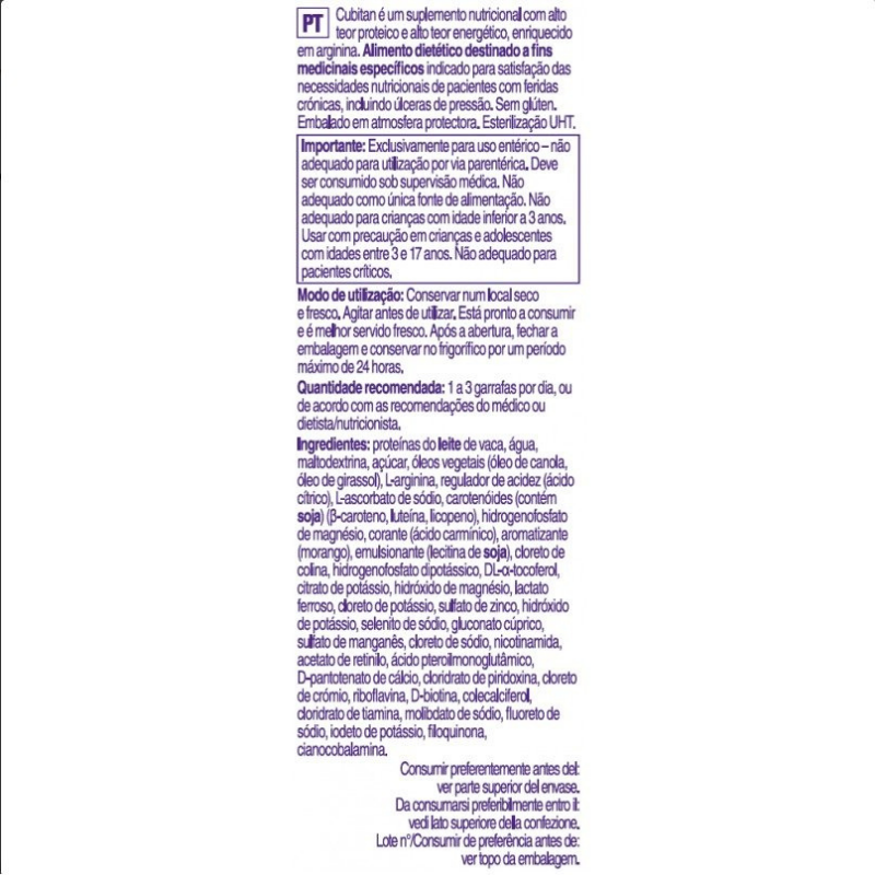 Ingredientes e modo de utilização do suplemento nutricional oral Cubitan sabor morango