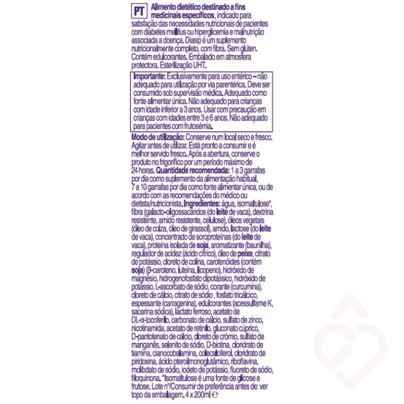 Composição e ingredientes do Diasip baunilha
