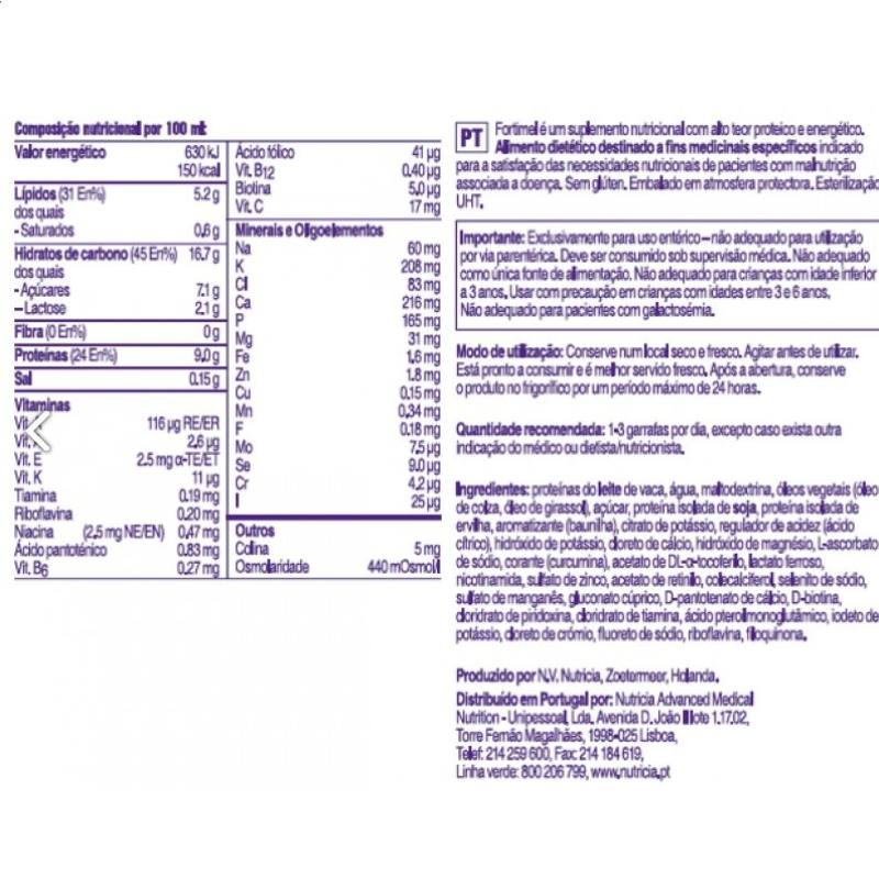 Tabela nutricional do Fortimel baunilha suplemento oral
