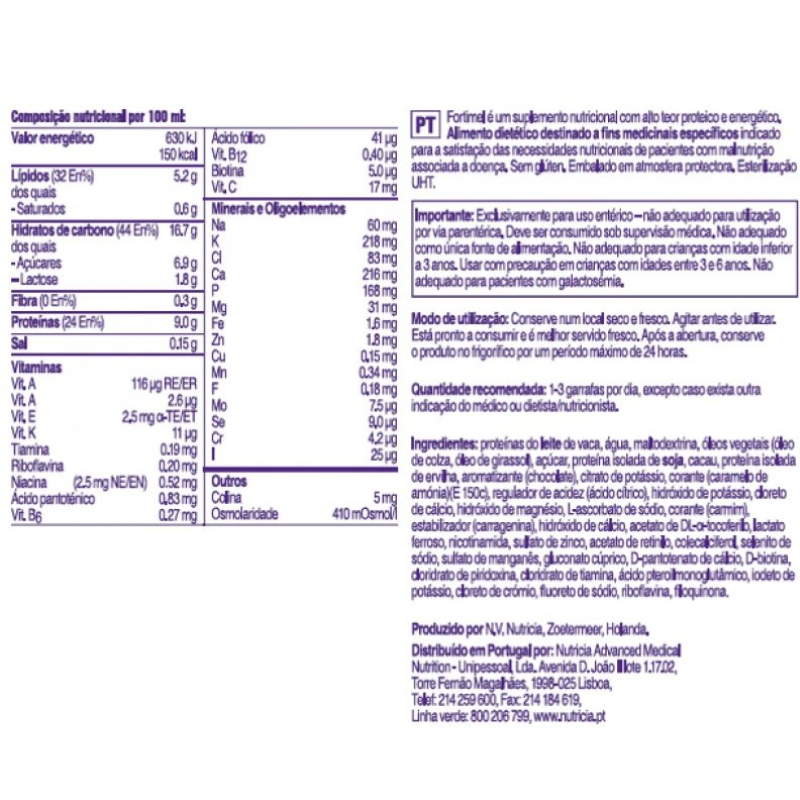 Tabela nutricional do Fortimel chocolate suplemento oral