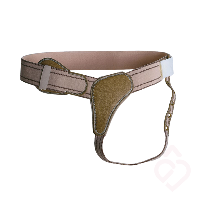Funda reforçada para hérnia inguinal, com cinta elástica ajustável, almofadas de compressão e tiras de fixação. Concebida para proporcionar suporte e contenção à região inguinal, ajudando a aliviar o desconforto e a oferecer maior segurança e estabilidade durante as atividades diárias.