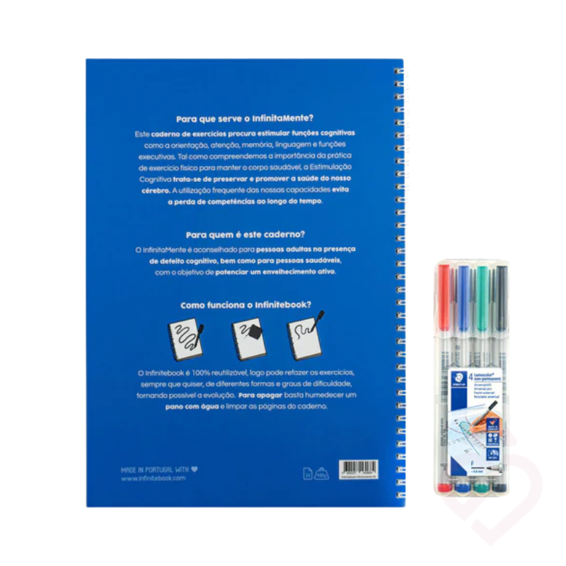 Parte traseira do Infinitebook infinitaMente com canetas reutilizáveis