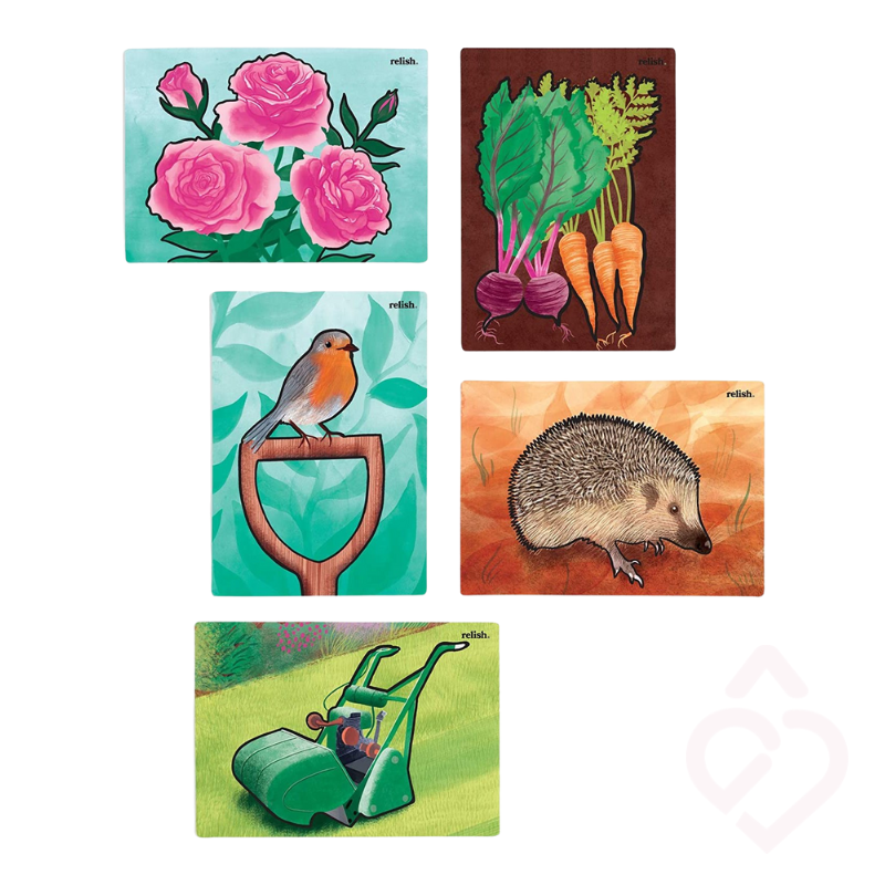 Cartões reutilizáveis do jogo Aquapaint Maravilhas do Jardim com flores, legumes, pássaro, ouriço-cacheiro e corta-relva