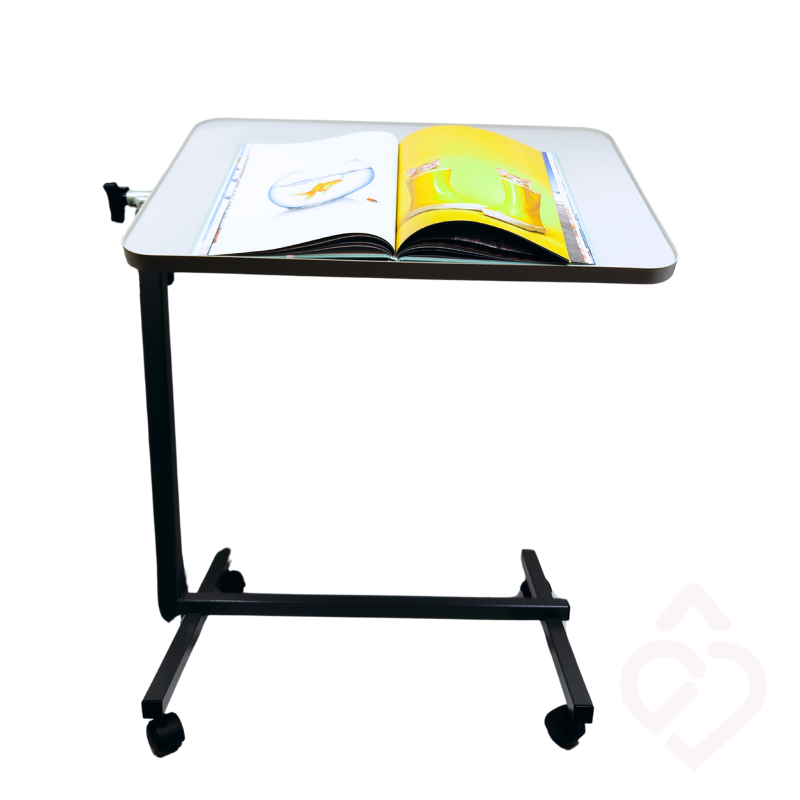 Mesa de apoio hospitalar com rodas, altura e inclinação ajustáveis para maior conforto durante as refeições, leitura e outras atividades na cama