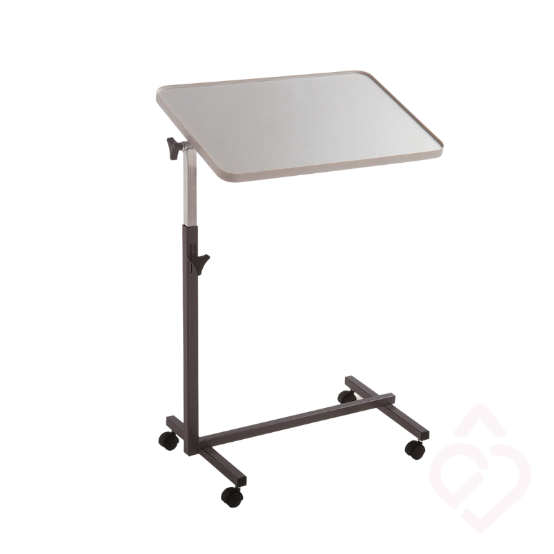 Mesa de apoio hospitalar com rodas, altura e inclinação ajustáveis para maior conforto durante as refeições, leitura e outras atividades na cama