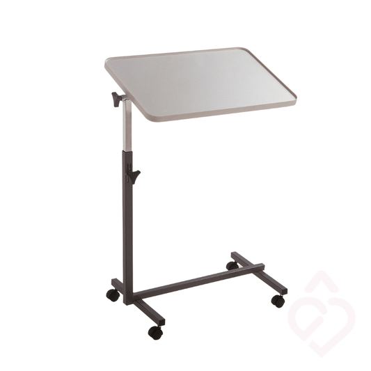 Mesa de apoio hospitalar com rodas, altura e inclinação ajustáveis para maior conforto durante as refeições, leitura e outras atividades na cama