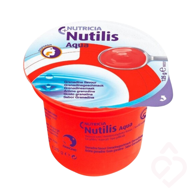Nutilis Aqua sabor granadina, água gelificada para hidratação segura de pessoas com disfagia e dificuldades em engolir