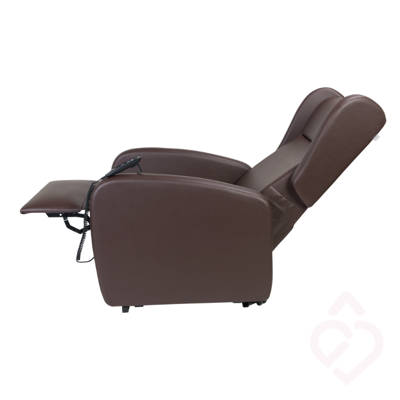 Poltrona elétrica bimotor relax em napa castanha vista lateral reclinado